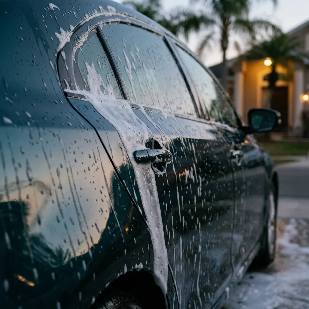 Foam washing a car panel in low evening light